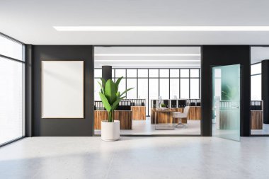 Modern panoramik ofisin içinde siyah duvarlar, fayanslarla döşenmiş yerler, bilgisayar masaları ve dosya dolapları olan karanlık ahşap bölmeler. Bulanık şehir manzaralı pencereler. Dikey maket posteri. 3d oluşturma