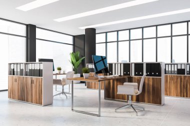 Siyah duvarları, döşemeleri, bilgisayar masaları ve dosya dolapları olan karanlık ahşap bölmeleri olan panoramik şirket ofisinin köşesi. Bulanık şehir manzaralı pencereler. 3d oluşturma