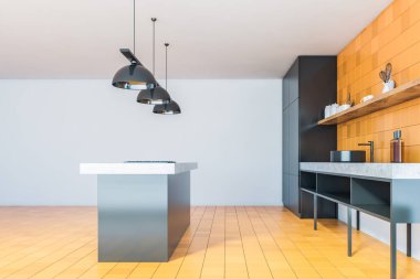 Sarı kiremitli ve beyaz duvarlı modern mutfağın yan görüntüsü fayanslı zemin, siyah dolap ve ada ve lavabolu taş tezgahlar. 3d oluşturma