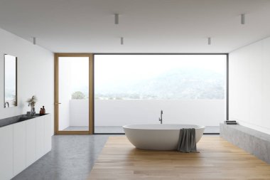 Panoramik banyo, beyaz duvarlar, beton ve ahşap zemin, rahat küvet ve ayna ile lavabo. Bulanık dağ manzaralı balkon. 3d oluşturma