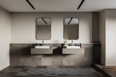 Bej ve fayanslı duvarları olan modern banyonun içi, bej raflarda duran rahat çift lavabo ve iki ayna. 3d oluşturma