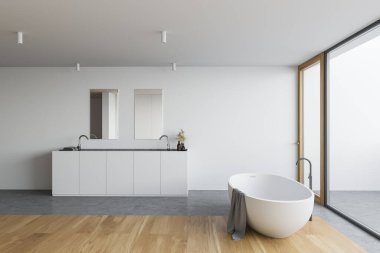 Beyaz duvarlı panoramik banyo, beton ve ahşap zemin, rahat küvet ve çift lavabo dikey aynalar. 3d oluşturma