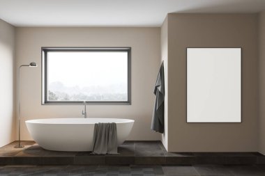 Minimalist banyo, bej duvarlar, fayanslı zemin, pencerenin altında bulanık dağ manzaralı rahat bir küvet. Dikey model poster çerçevesi. 3d oluşturma