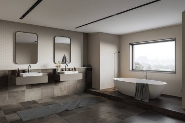 Bej ve fayanslı duvarları olan modern banyonun köşesi, rahat bir küvet ve aynalı çift lavabo. Bulanık dağ manzaralı bir pencere. 3d oluşturma