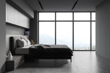 Gri ve ahşap duvarları, beton zemini, kral yatağı ve iki komodinli şık yatak odası. Bulanık dağ manzarası. 3d oluşturma