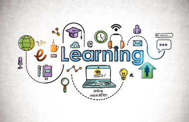 Beton duvara çizilmiş yaratıcı renkli ve öğrenme eskizi. Tecrit sırasında çevrimiçi eğitim kavramı