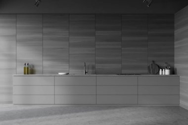 Gri ahşap duvarları, beton zemini ve lavabo ve fırından yapılmış gri tezgahı olan şık bir mutfak. 3d oluşturma