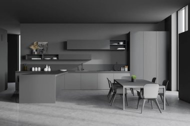 Modaya uygun mutfak gri duvarları, beton zemin, koyu gri dolaplar, tezgahlar, tabureli bar ve koltuklu uzun yemek masası. 3d oluşturma