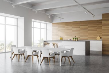 Beyaz ve ahşap duvarlı modern mutfağın köşesi, beyaz tezgahlar, tabureli bir ada ve beyaz sandalyeli yemek masası. Bulanık tropikal manzaralı bir pencere. 3d oluşturma