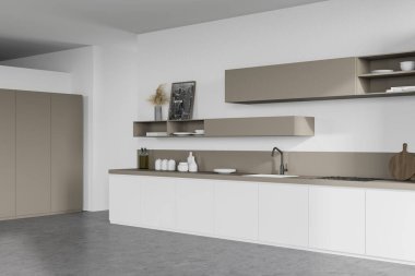 Modern mutfağın köşesinde beyaz duvarlar, beton zemin, beyaz tezgah, bej dolaplar ve New York şehir manzaralı poster. 3d oluşturma