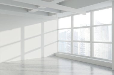Panoramik endüstriyel ofis köşesinde boş beyaz duvar beton zemin ve bulanık şehir manzaralı pencere. Gayrimenkul kavramı. 3d oluşturma