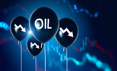 Üzerinde yağ olan siyah balon ve bulanık mavi arkaplan üzerine düşen grafikler. Petrol piyasası balonu ve kriz kavramı. 3d oluşturma