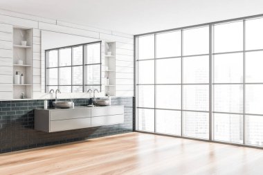 Ahşap ve gri tuğlalı duvarları olan şık bir banyonun köşesi, ahşap zemin, gri tezgahta duran çift lavabo, büyük ayna ve güzellik ürünleriyle dolu raflar. Bulanık şehir manzarası. 3d oluşturma