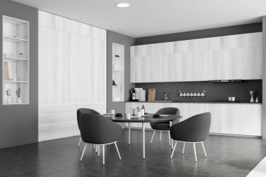 Modern mutfağın köşesinde gri tuğla duvarlar, beton zemin, beyaz ahşap dolaplar ve lavabo ve fırında yapılmış tezgahlar. Koltuğlu yuvarlak yemek masası. 3d oluşturma