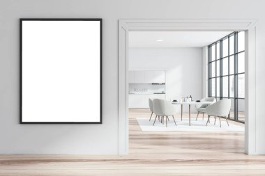 Beyaz duvarları, ahşap zemini, beyaz koltukları ve arka planı geniş kapılı mutfağı olan modern yemek odasının içi. Dikey maket posteri. 3d oluşturma