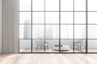 Büyük beyaz balkonlu geniş panoramik odanın içi. Yuvarlak sehpanın yanında duran beyaz koltuklar. Bulanık şehir manzarası. 3d oluşturma