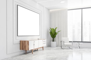 Beyaz duvarları, beton zemini, beyaz dolabı ve yuvarlak kahve masasının yanındaki koltuğu olan modern oturma odasının köşesi. Büyük yatay model poster çerçevesi. 3d oluşturma