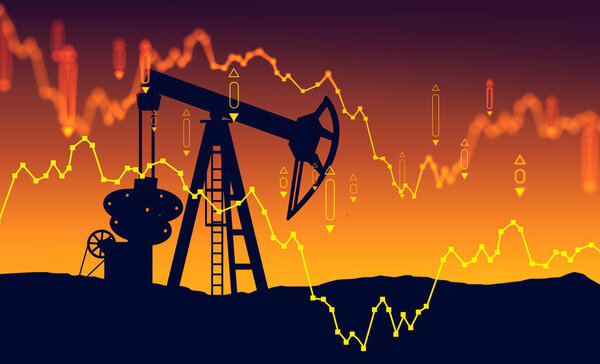 Oil pump over orange background with double exposure of falling blurry digital charts. Concept of oil market crisis. 3d rendering toned image