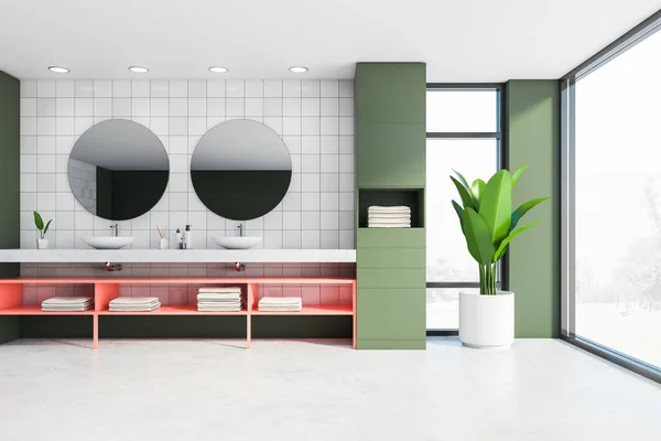 Front View Modern Bathroom White Tiled Green Walls Concrete Floor — Stock Photo, Image