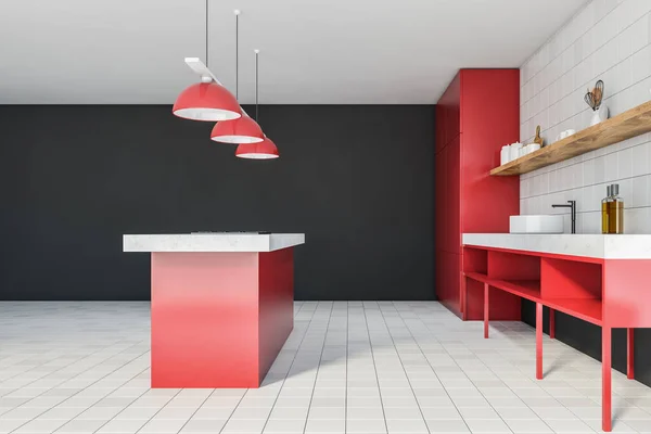 Beyaz Fayanslı Gri Duvarlı Modern Mutfağın Yan Görüntüsü Fayanslı Zemin — Stok fotoğraf