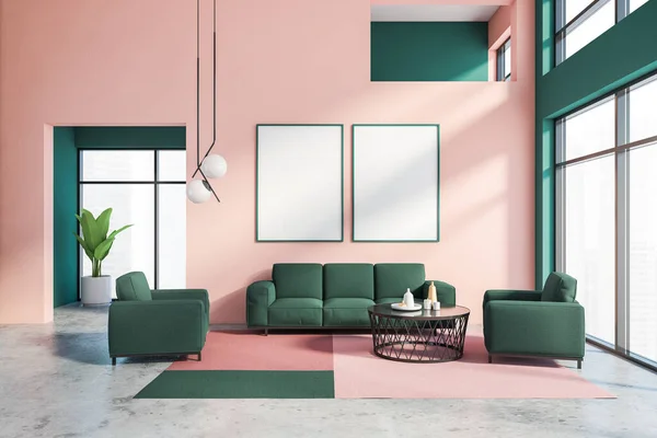 Innenraum Des Wohnzimmers Mit Rosa Und Grünen Wänden Betonboden Gemütlichem — Stockfoto