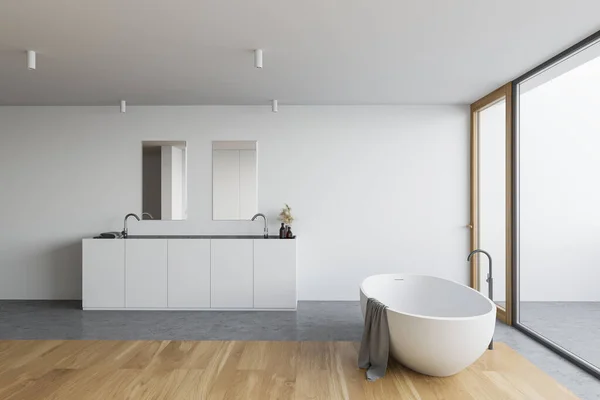 Side view of panoramic bathroom with white walls, concrete and wooden floor, comfortable bathtub and double sink with vertical mirrors. 3d rendering