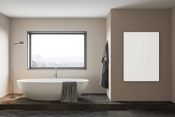 Intérieur Salle Bain Minimaliste Avec Murs Beige Sol Carrelé Baignoire — Photo