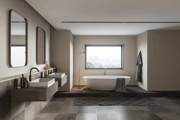 Vorderseite Des Modernen Badezimmers Mit Beigen Und Gefliesten Wänden Komfortabler — Stockfoto