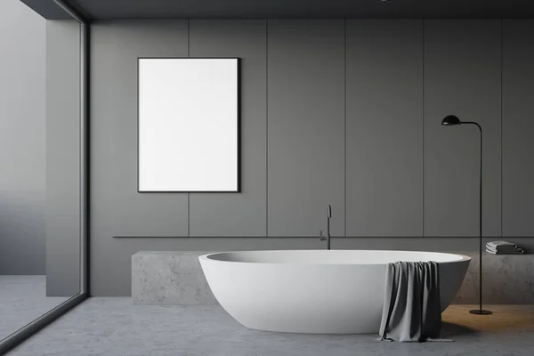 全景浴室的内部有深灰色墙壁 混凝土地面 舒适的浴缸和垂直模拟海报框架 3D渲染 — 图库照片
