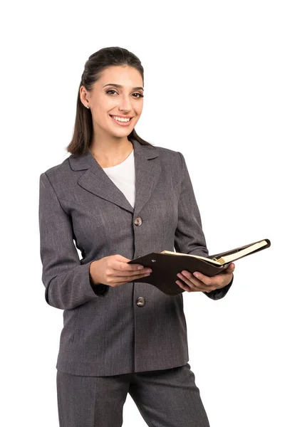 Retrato Aislado Joven Mujer Negocios Europea Sonriente Elegante Planificador Celebración —  Fotos de Stock