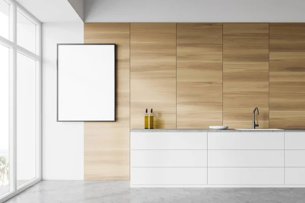 木製の壁 コンクリート床 シンクと炊飯器を内蔵した白いカウンター付きのモダンなキッチンのインテリア 縦型のモックアップポスター 3Dレンダリング — ストック写真