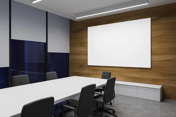 白と木製の壁 コンクリートの床 グレーの椅子と水平方向のモックアップポスターと長い会議室の現代的な会議室のコーナー 3Dレンダリング — ストック写真