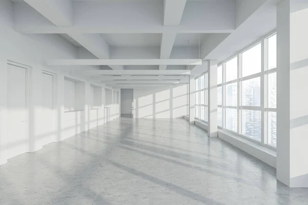 Interior Empty Panoramic Industrial Style Office White Walls Concrete Floor — Stock Photo, Image