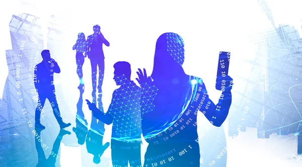 Silhouettes of business people video chatting and talking on phones in abstract blurry city with double exposure of digital interface. Concept of internet and communication. Toned image