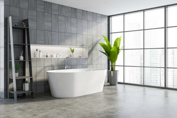 Corner Stylish Bathroom Grey Wooden Walls Concrete Floor Comfortable Bathtub — Stock Photo, Image