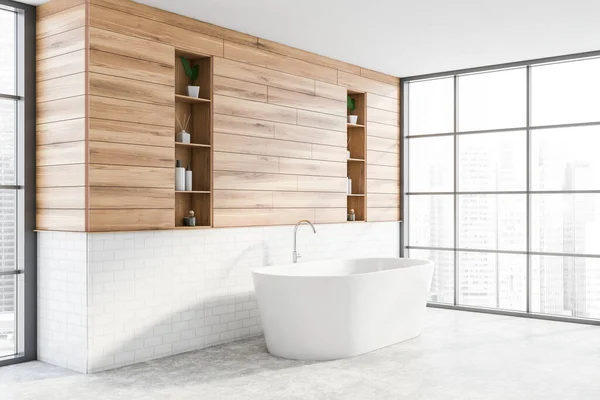 Roh Moderní Koupelny Dřevěnými Bílými Cihlovými Zdmi Betonovou Podlahou Pohodlnou — Stock fotografie