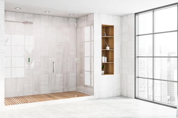 Corner Modern Bathroom White Wooden Walls Concrete Floor Comfortable Shower — Stock Photo, Image