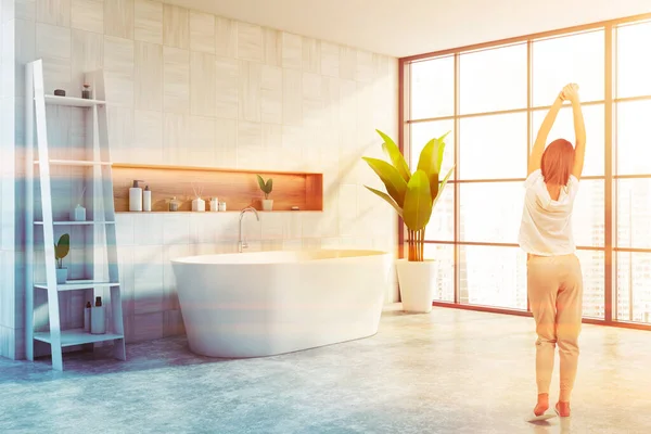 Young Woman Pajamas Standing Spacious Sunlit Bathroom White Wooden Walls — Stock Photo, Image