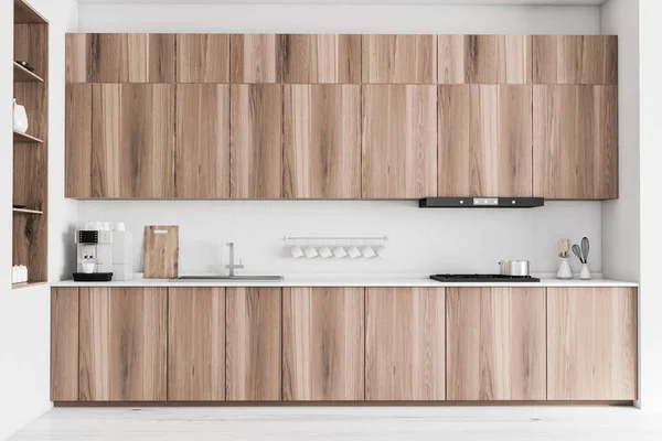 Interieur Der Stilvollen Küche Mit Weißen Ziegelwänden Weißem Holzboden Holzschränken — Stockfoto