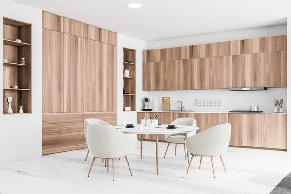 Esquina Cocina Elegante Con Paredes Ladrillo Blanco Suelo Madera Blanca — Foto de Stock