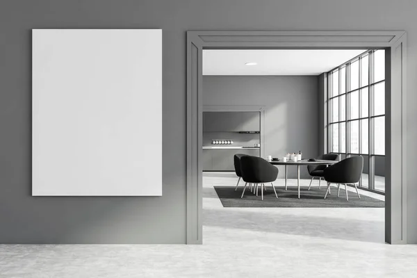Interior Moderna Sala Jantar Com Paredes Cinzentas Piso Concreto Mesa — Fotografia de Stock