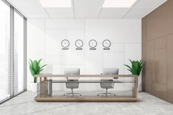 Interior Escritório Empresa Internacional Com Paredes Brancas Marrons Piso Concreto — Fotografia de Stock
