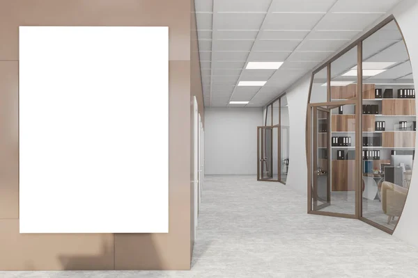 Wnętrze Futurystycznego Lobby Biurowego Białymi Brązowymi Ścianami Betonową Podłogą Dużym — Zdjęcie stockowe