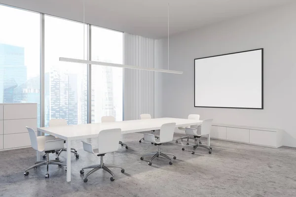Corner of light and spacious meeting room with white walls, concrete floor, long white conference table with armchairs and window with blurry cityscape. Horizontal mock up poster. 3d rendering