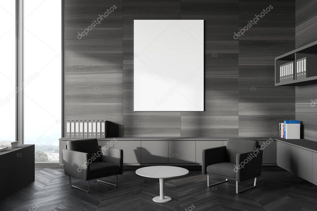 Interior of modern office waiting room with wooden walls, dark wood floor, grey armchairs near coffee table, vertical mock up poster and shelves with books and folders. Blurry view. 3d rendering