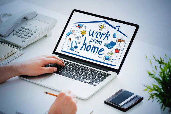 Hands Unrecognizable Businessman Using Laptop Colorful Work Home Sketch Screen — Stock Photo, Image