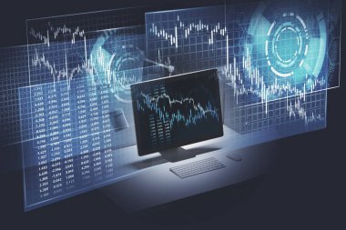 Futuristic immersive HUD stock interface over blurry computer table background. Concept of trading and technology. 3d rendering toned image double exposure clipart