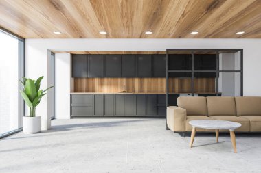 Beyaz duvarları, döşemeleri, rahat bej kanepesi ve sehpası olan şık bir oturma odası. Arka planda gri tezgahları olan gri ve ahşap mutfak. 3d oluşturma