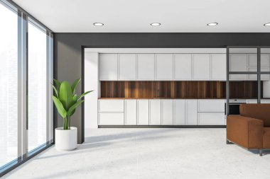 Gri duvarlı, fayanslı, rahat kahverengi kanepeli modern oturma odasının içi. Beyaz ve ahşap mutfak ve arka planda beyaz tezgah. Bulanık şehir manzarası. 3d oluşturma
