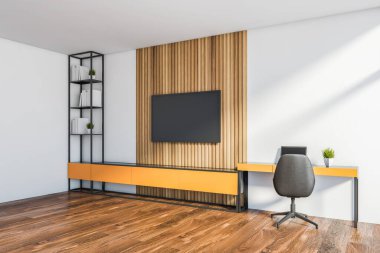 Beyaz ve ahşap duvarları, ahşap zemini, kompakt turuncu bilgisayar masası, kitaplığı ve düz ekran büyük televizyonu olan geniş ev ofisinin köşesi. 3d oluşturma